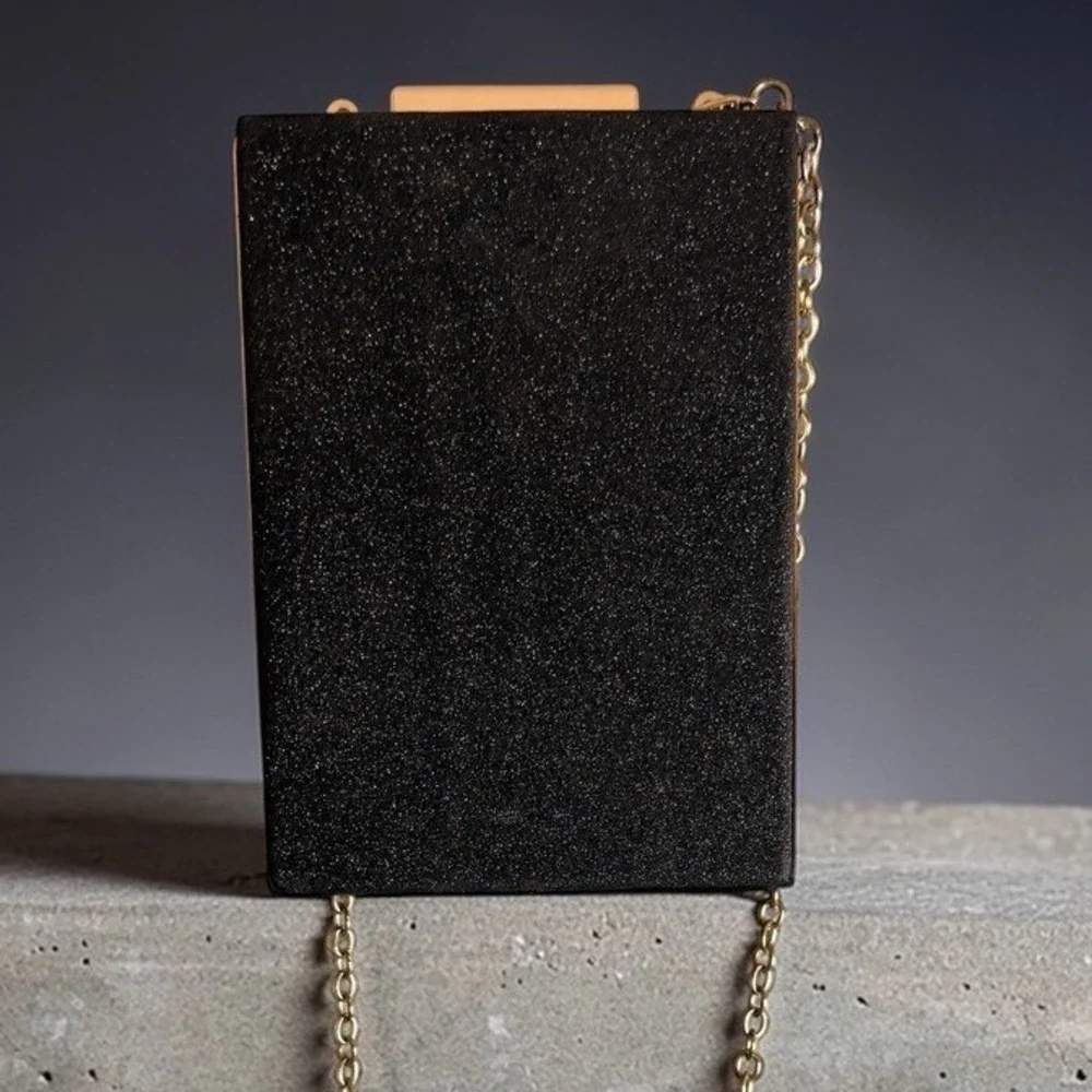 Black Glitter Box‎ Clutch Gold Trim Evening Bag Crossbody Chain Strap Formal